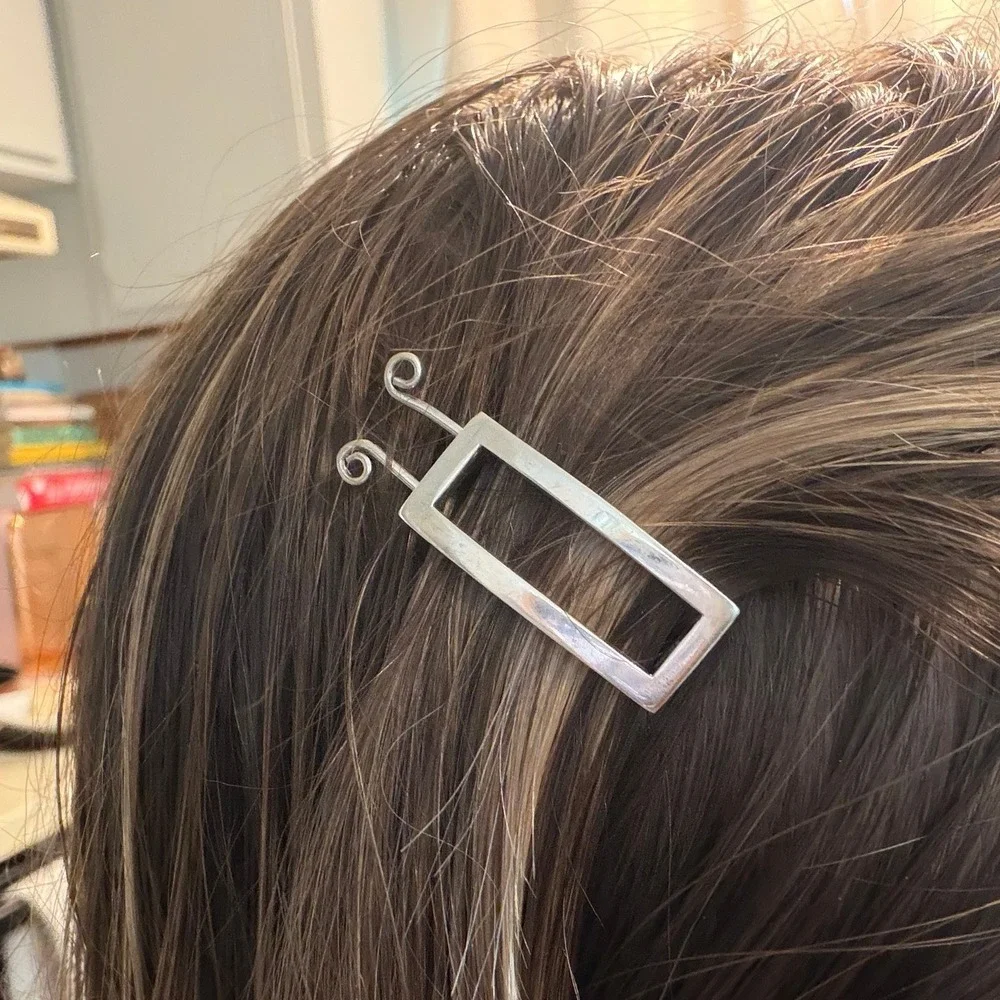 Vintage Mexican 925 Sterling Silver Hair Clip Barrette Rectangular Geometric 4g